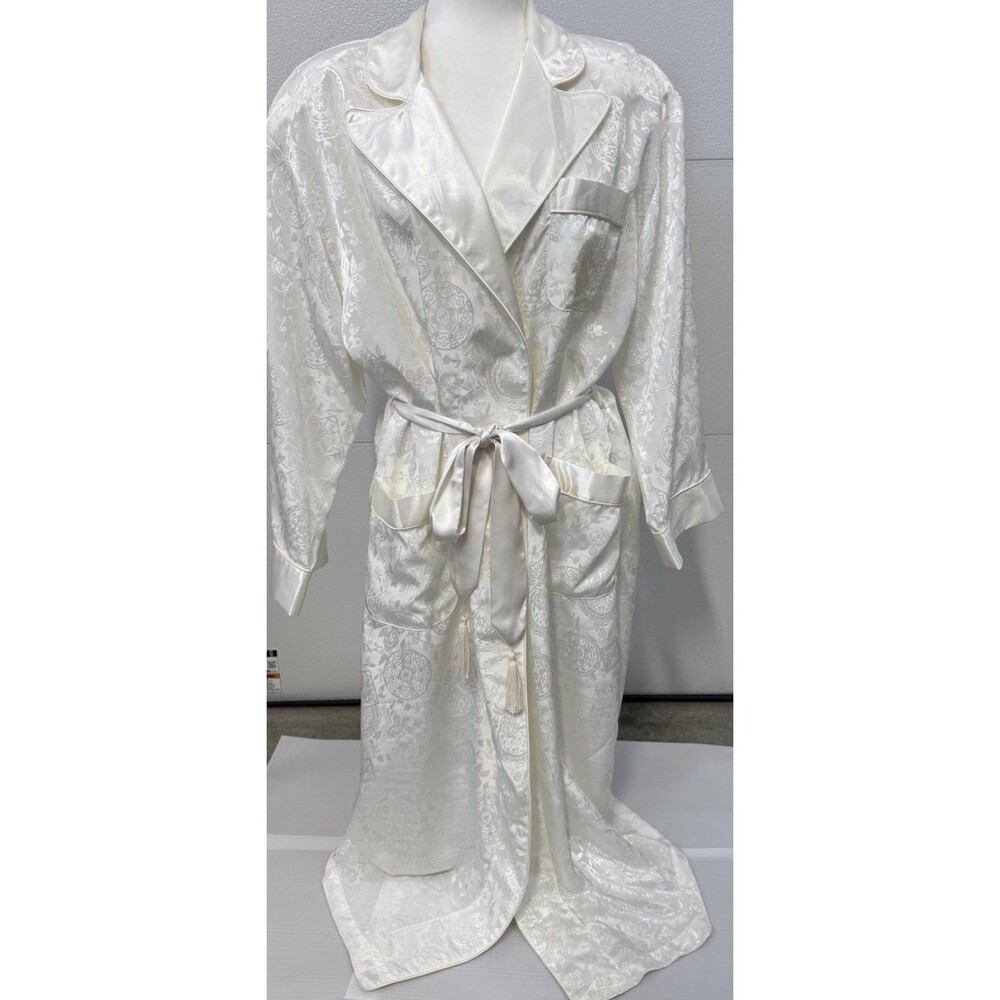 Vintage Long Womens Robe Ivory Victoria Secret Gold Label Bridal Pockets Sz M/L